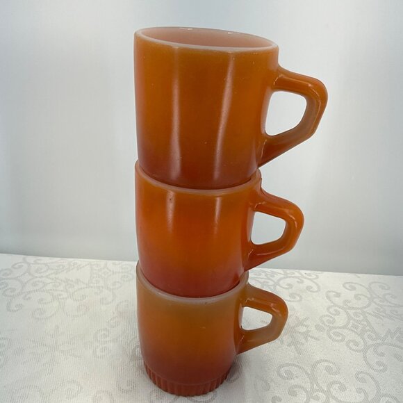 Anchor Hocking Fire-King Rust Gradient Ribbed Stackable Mugs Set Of 3 - Picture 4 of 5